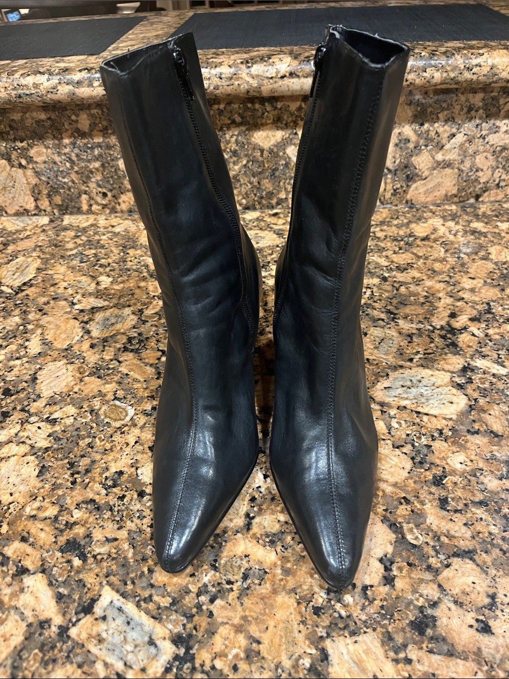 Madeline Black Pointed Leather Mid-Calf Boots with Side Zipper